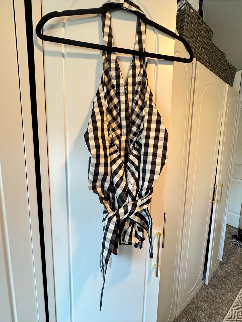 Commense Black & White Gingham Halter Tie-Front Top with Wide-Leg Pants Set - Picture 8 of 12